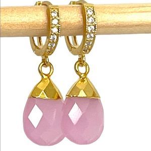 Huggie hoop gold earrings for women with pink chalcedony genuine gemstone charms